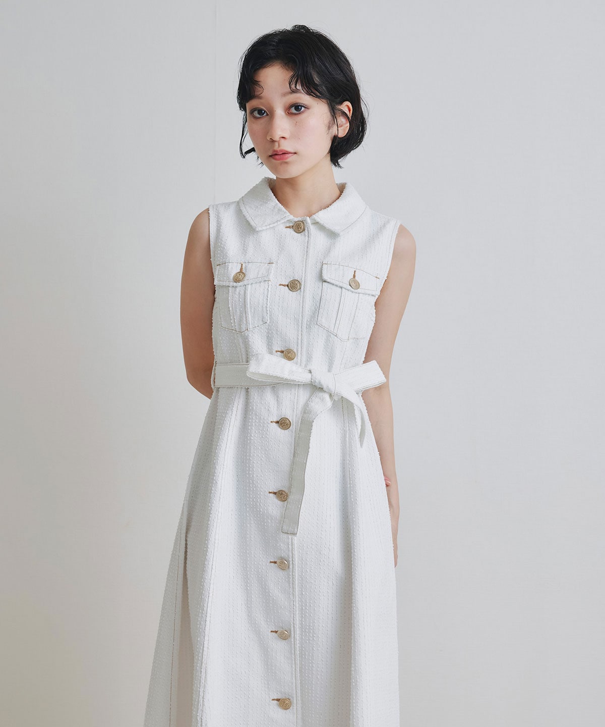 レーザーカットデニムロングシャツワンピース