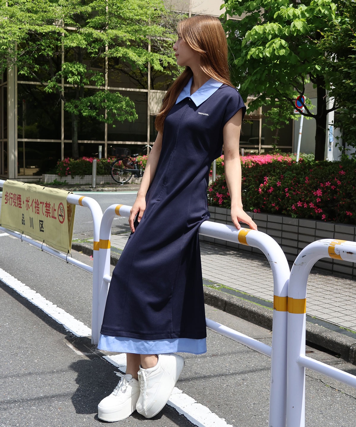 レイヤードフロントZIPバックカットフレアロングワンピース