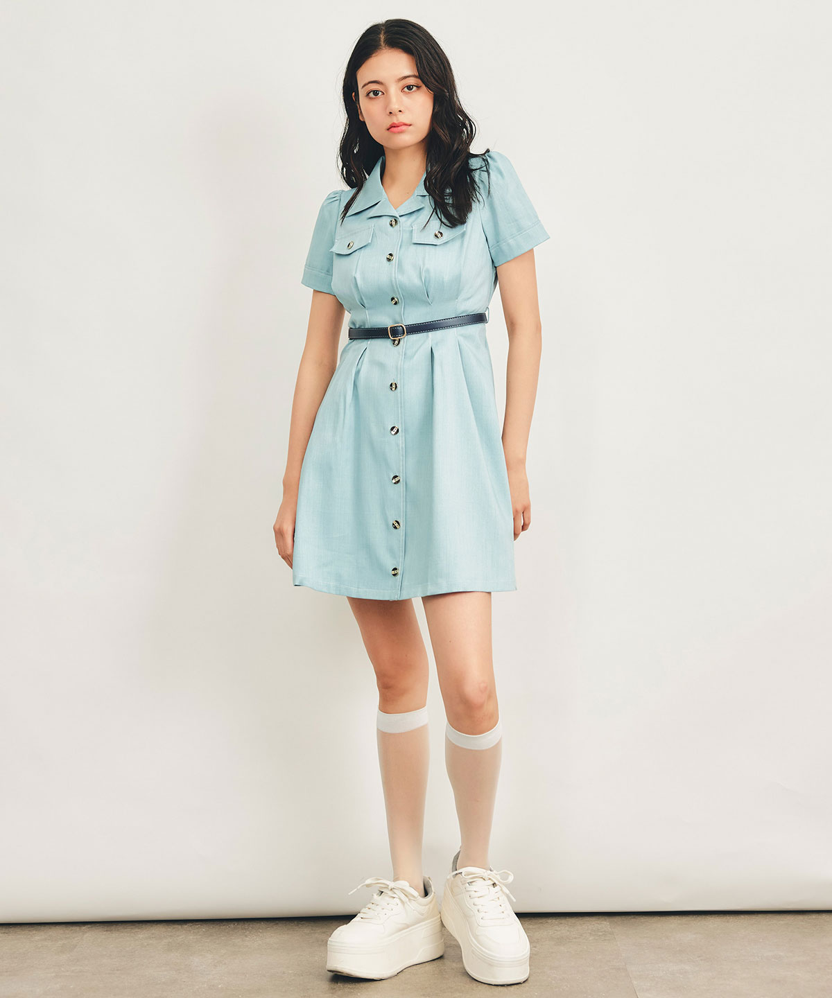 ベルトミニシャツフレアワンピース