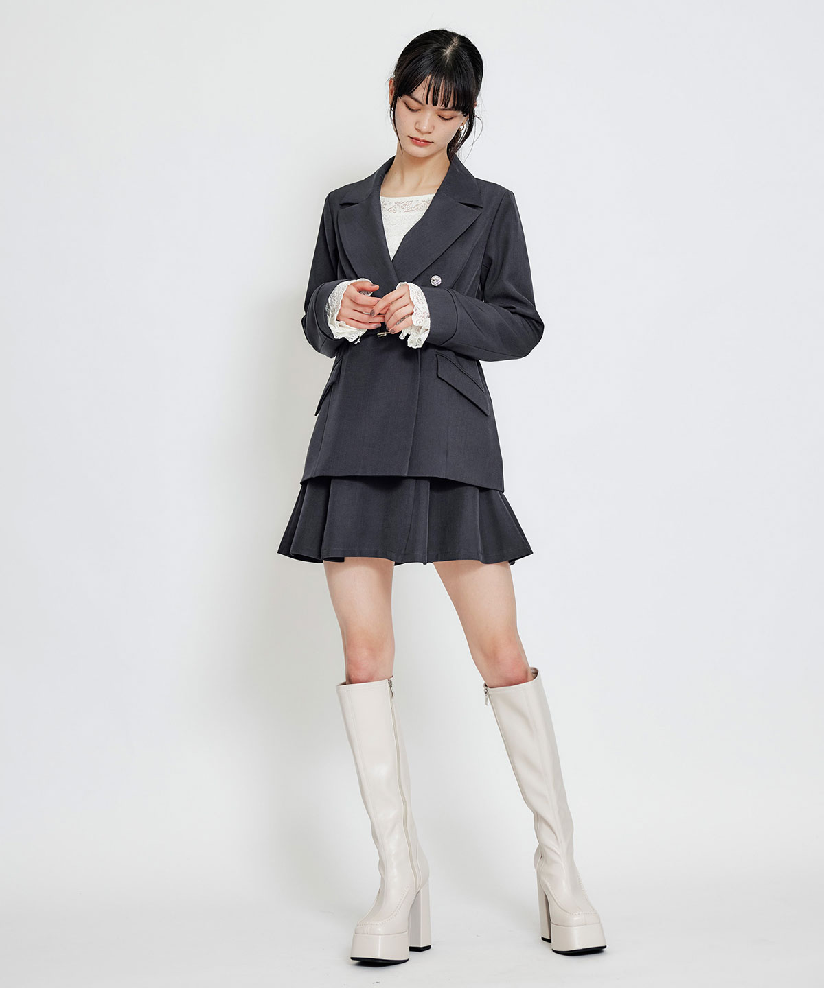 【セットアップ可能】ワイドカラーミドルダブルジャケット