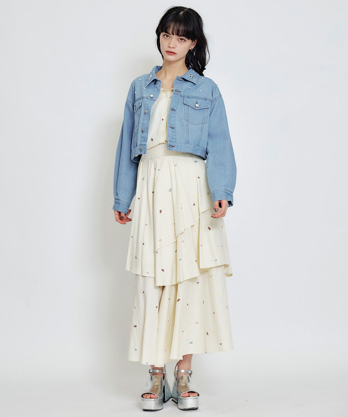 フラワービジューパールデニムジャケット