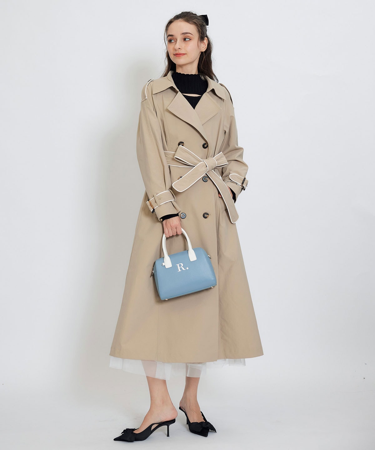 バックベルトデザインパイピングロングトレンチコート