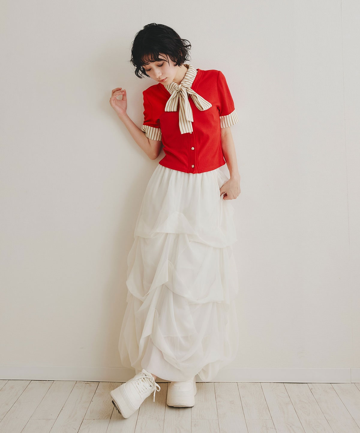 ストライプリボンタイレイヤードニットトップス