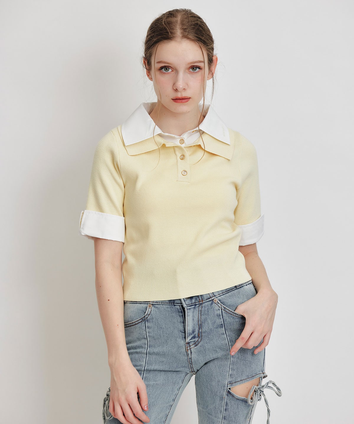 ダブルカラーハーフスリーブニットプルオーバー