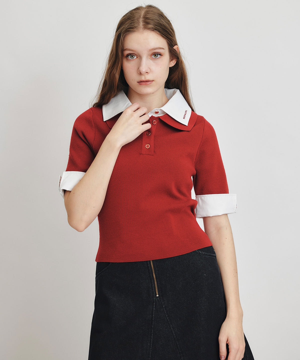 ダブルカラーハーフスリーブニットプルオーバー