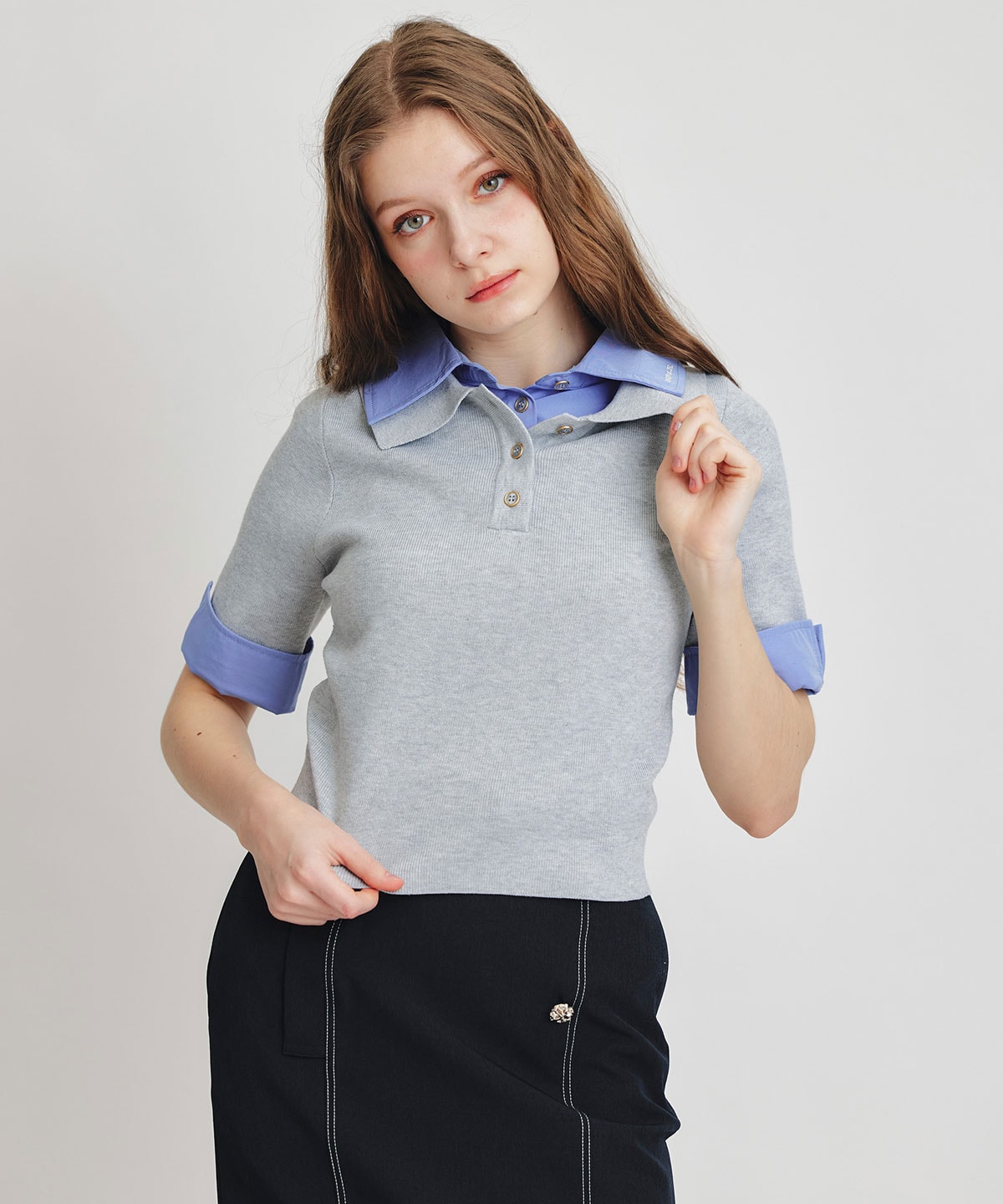 ダブルカラーハーフスリーブニットプルオーバー