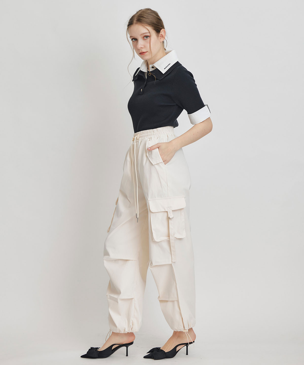 ダブルカラーハーフスリーブニットプルオーバー