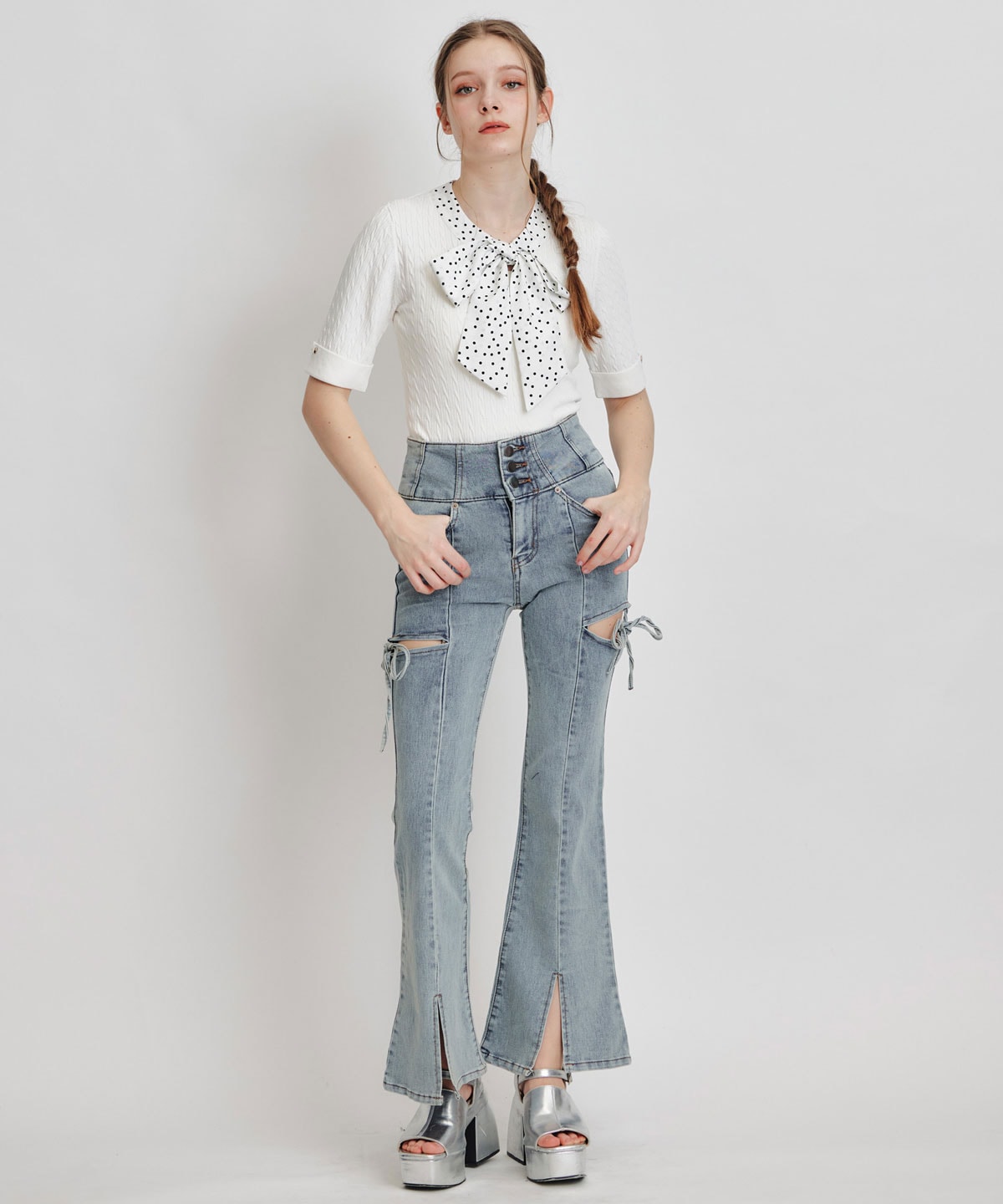 ケーブルリボンタイハーフスリーブニットプルオーバー