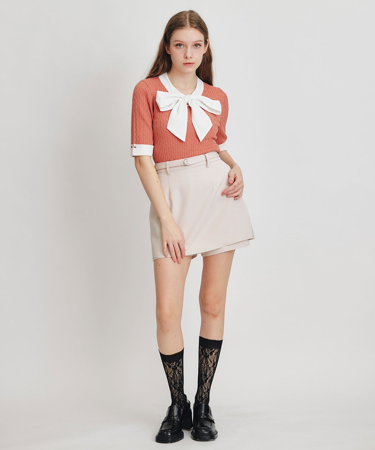 ケーブルリボンタイハーフスリーブニットプルオーバー