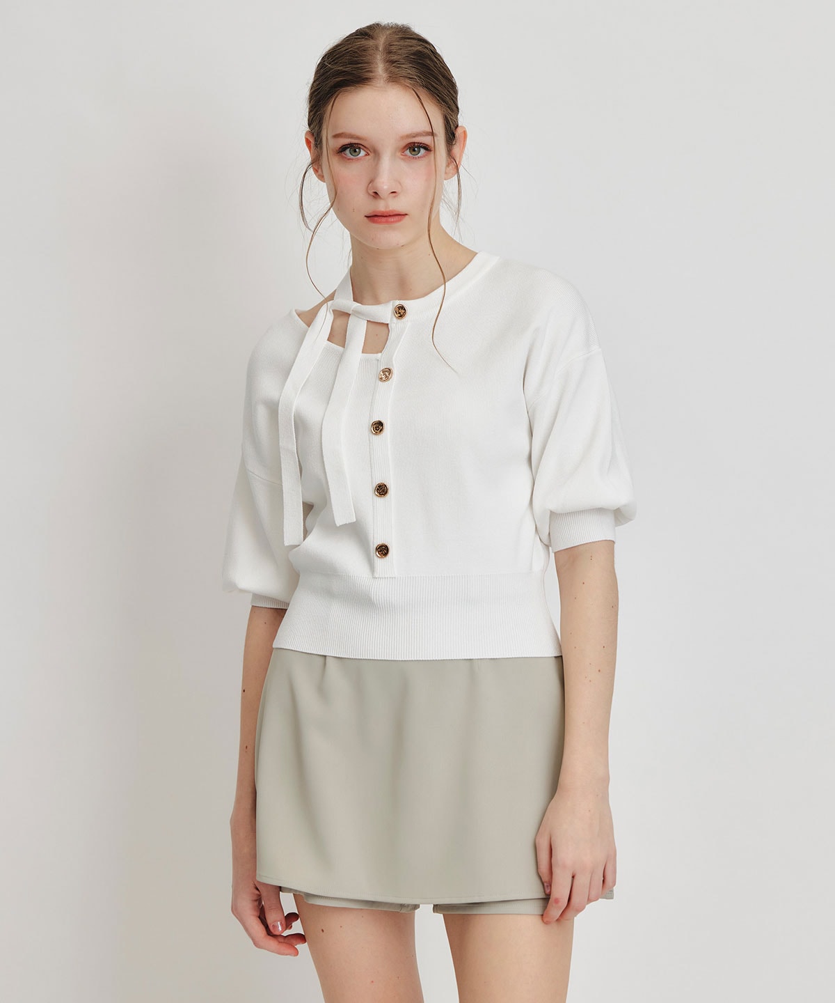 アシメカットデザインハーフスリーブニットプルオーバー