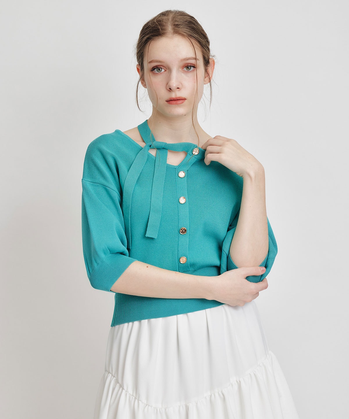 アシメカットデザインハーフスリーブニットプルオーバー