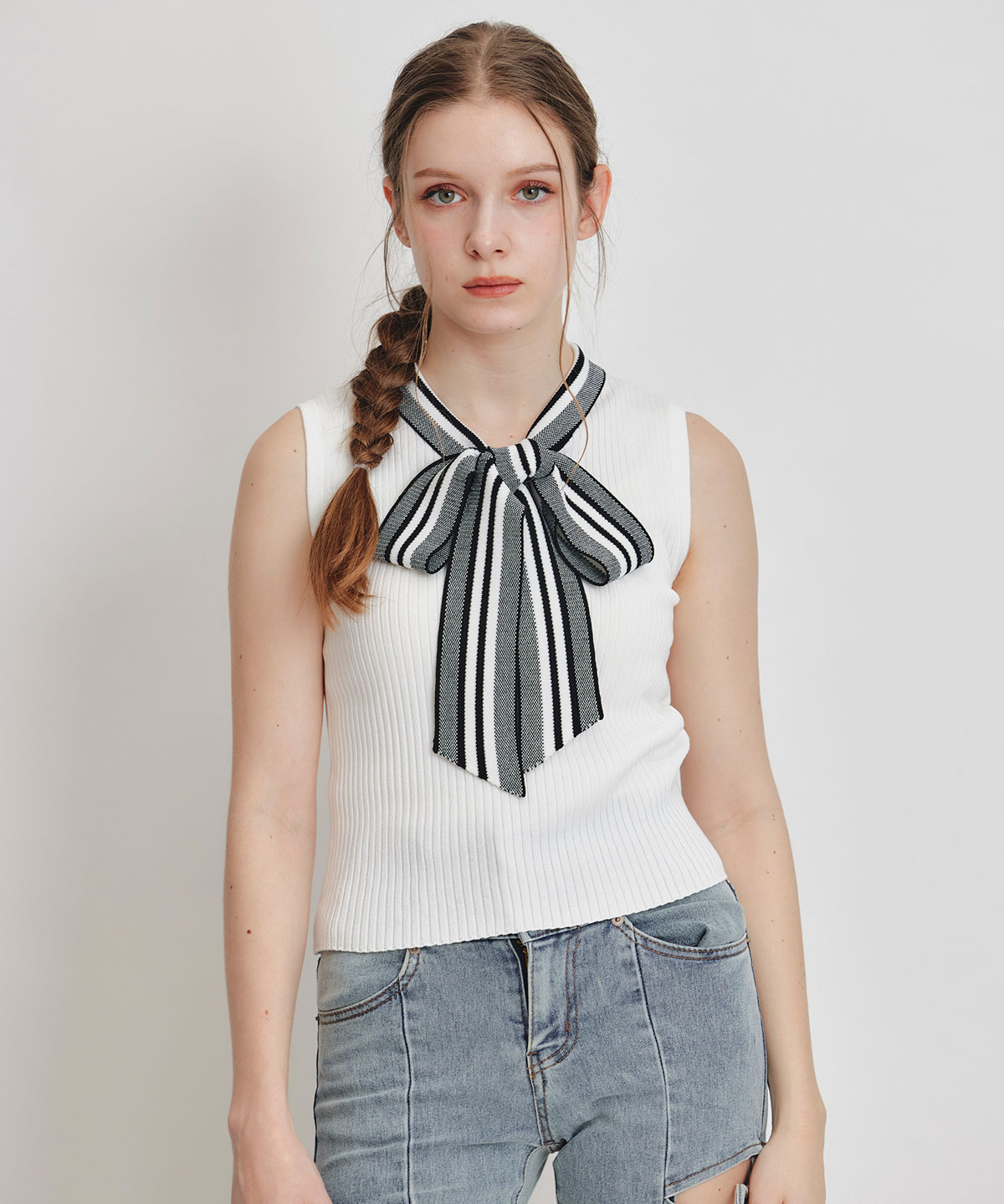 ストライプリボンタイリブニットノースリーブ