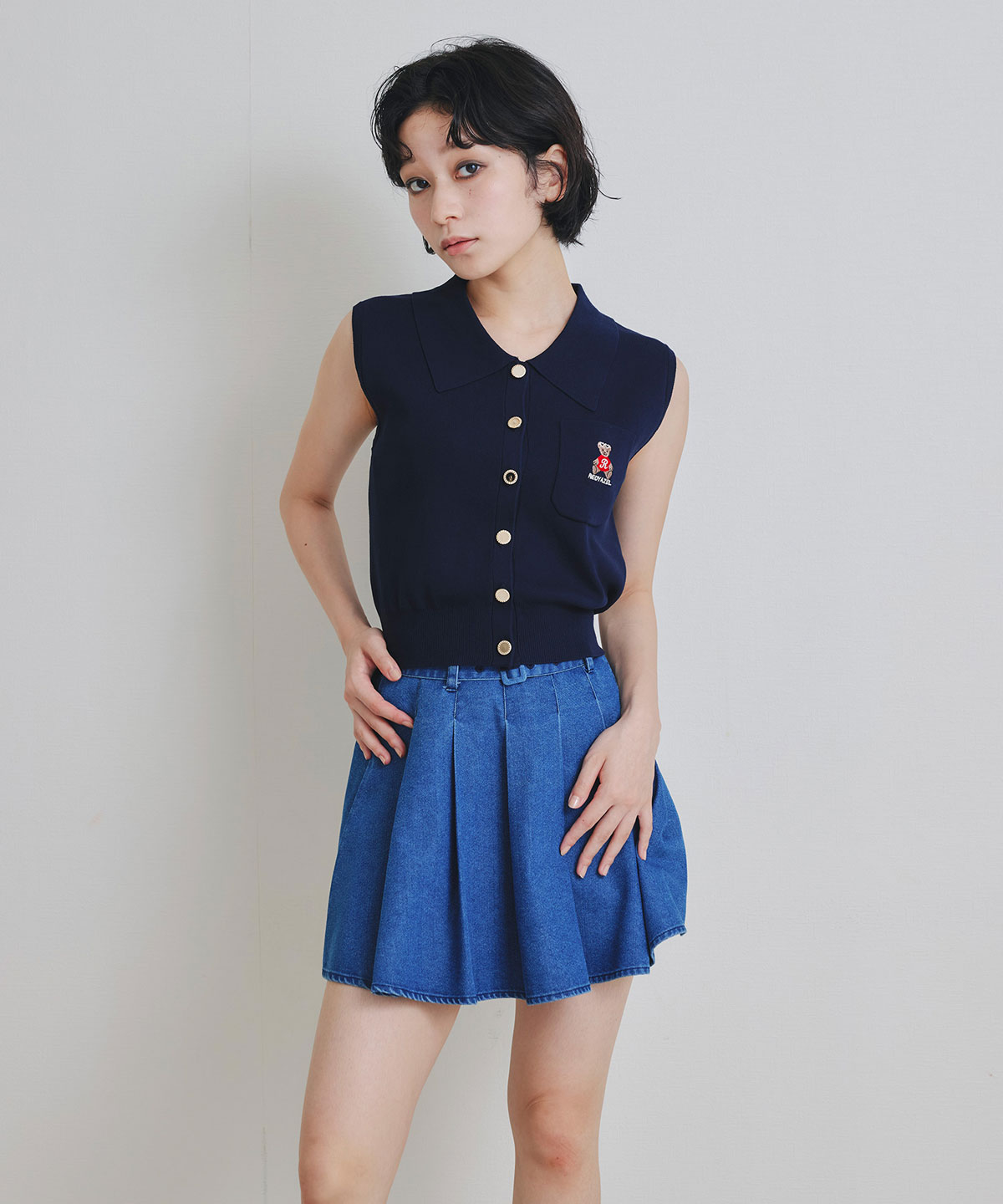 Azelyポロニットノースリーブプルオーバー