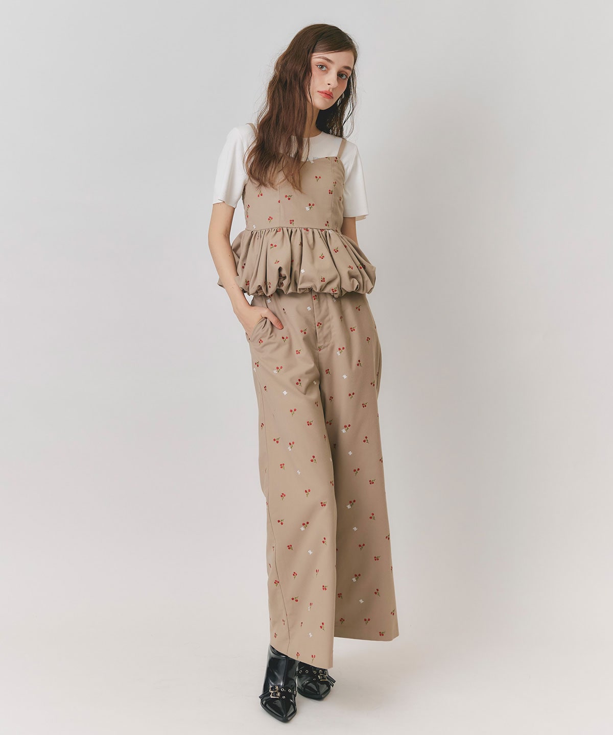 【Fleur monogram Series】フルールモノグラムエンブロイダリーバルーンペプラムビスチェ