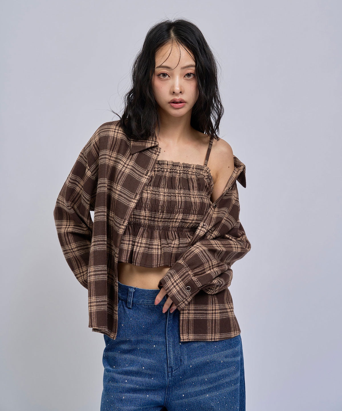 【=LOVE 大場花菜さん着用】チェックビスチェ×シャツセット