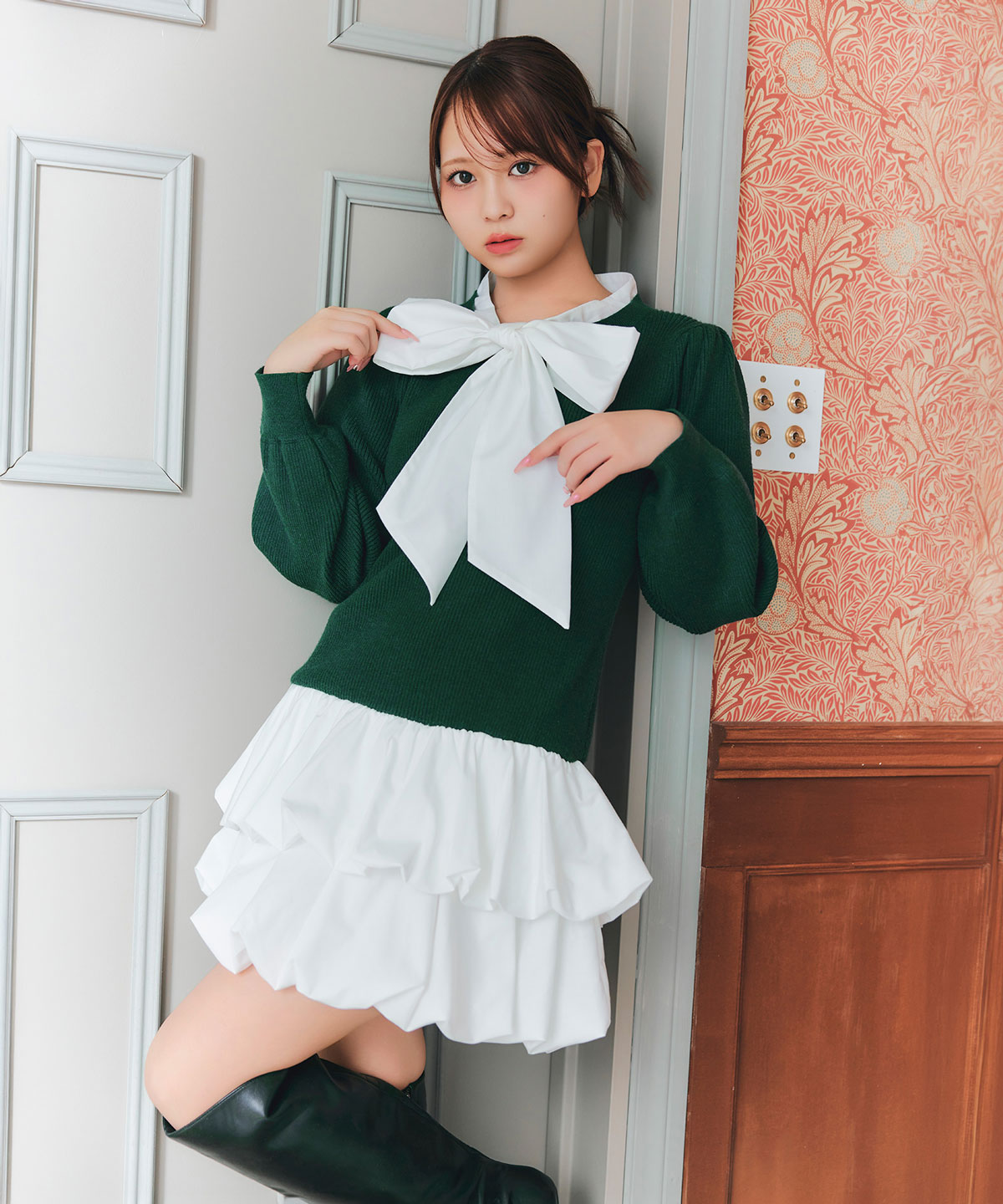 【=LOVE 大場花菜さん着用】ビッグリボンティアードニットシャツミニワンピース