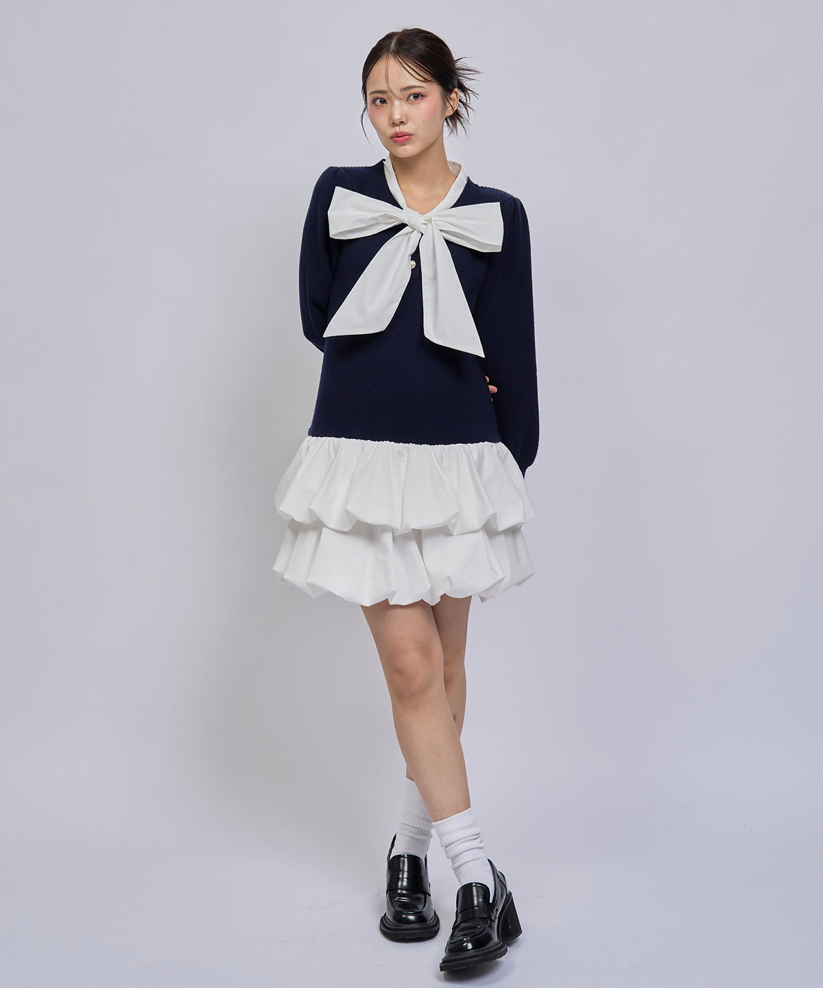 【=LOVE 大場花菜さん着用】ビッグリボンティアードニットシャツミニワンピース