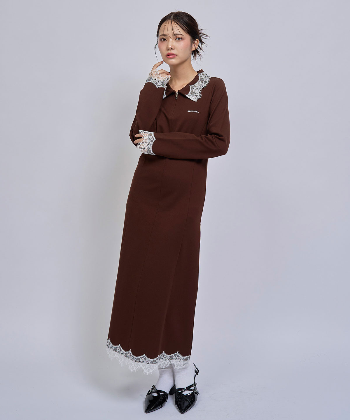 レーストリムハーフZIPポロカットロングワンピース