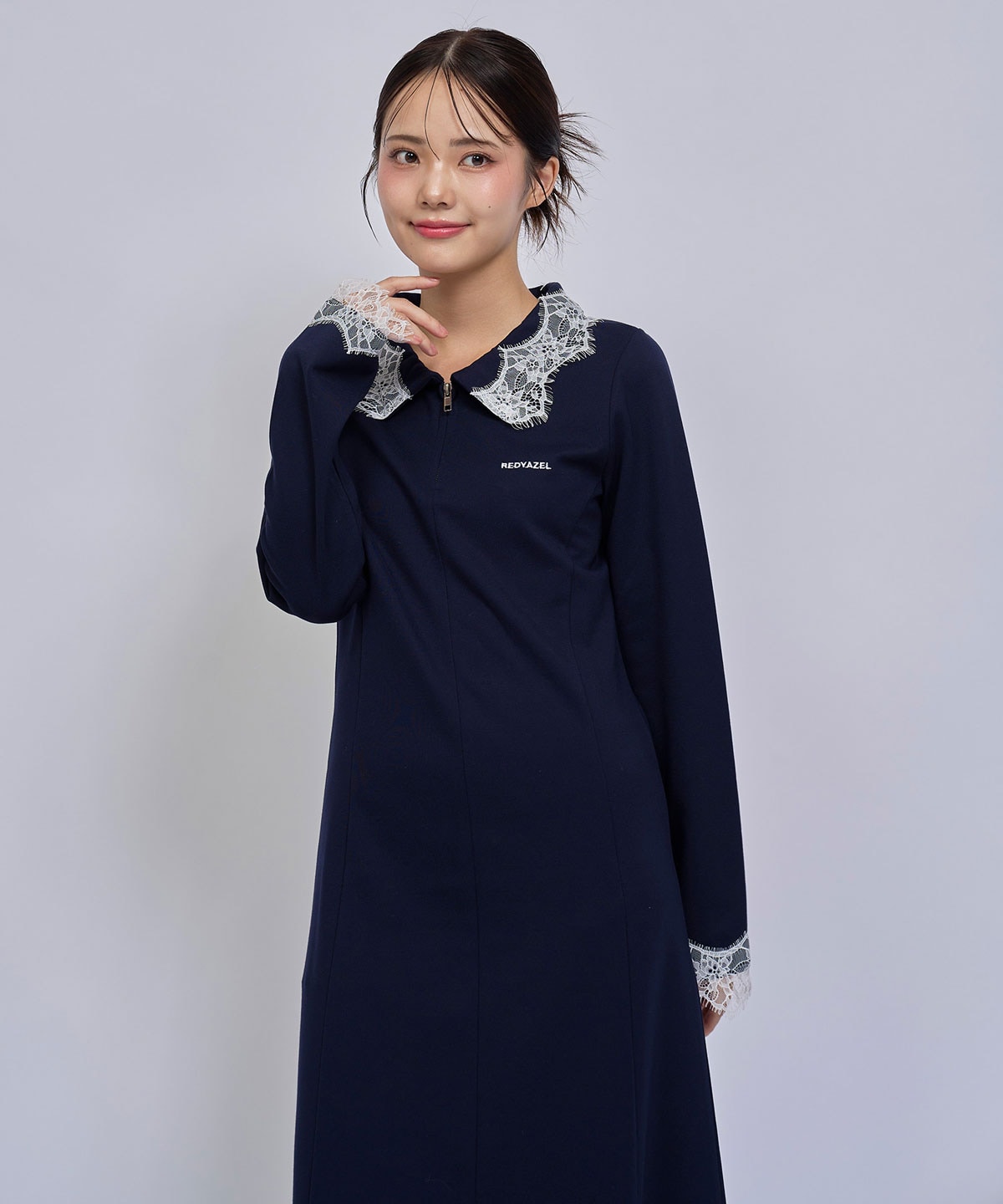 レーストリムハーフZIPポロカットロングワンピース