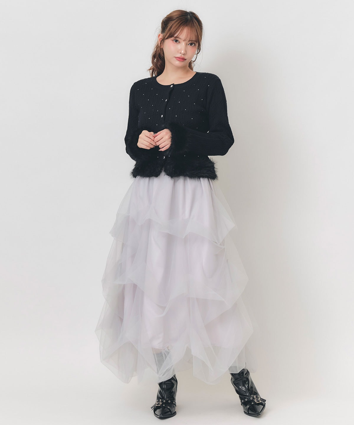 ホットフィットビジューミニケーブルファーニットカーディガン