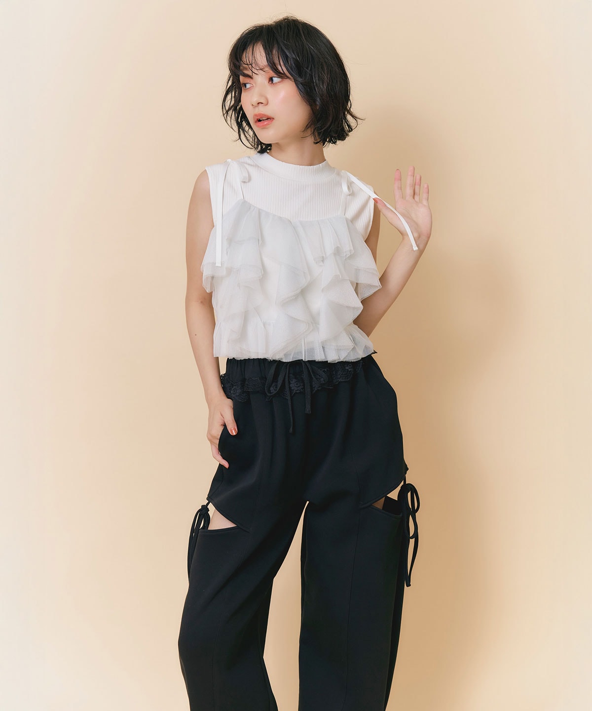 ショルダーリボンビスチェ×ノースリーブニット