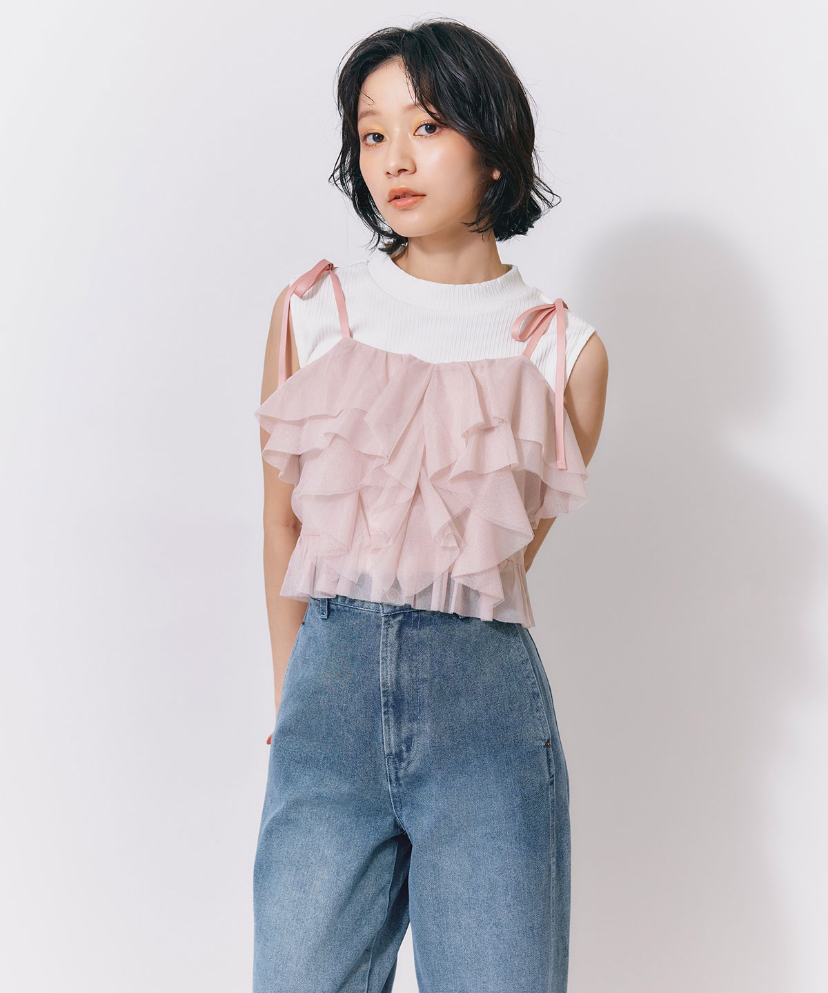 ショルダーリボンビスチェ×ノースリーブニット
