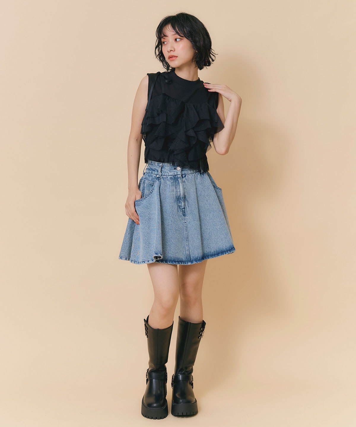 ショルダーリボンビスチェ×ノースリーブニット