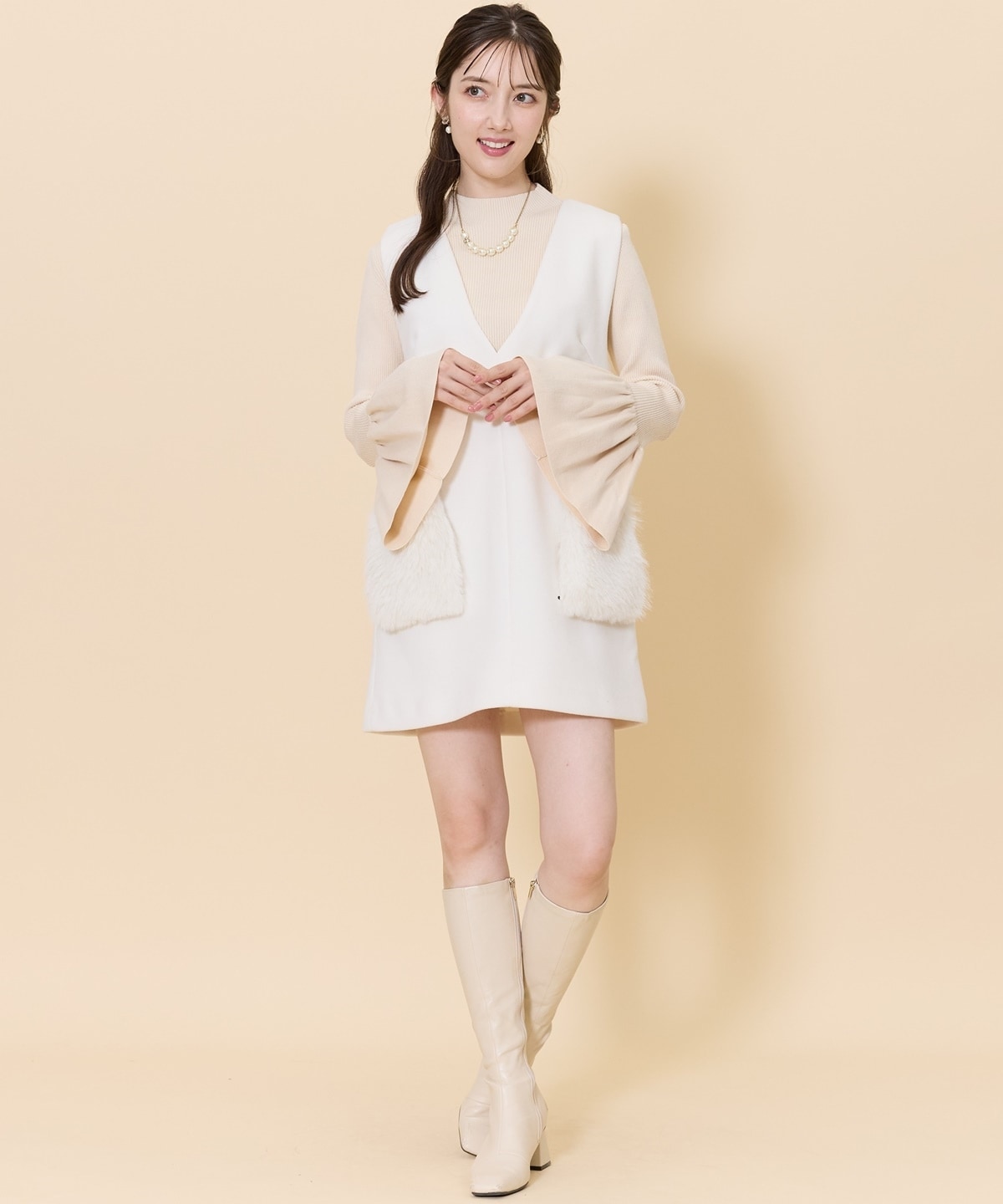 フレアスリーブボトルネックニットプルオーバー