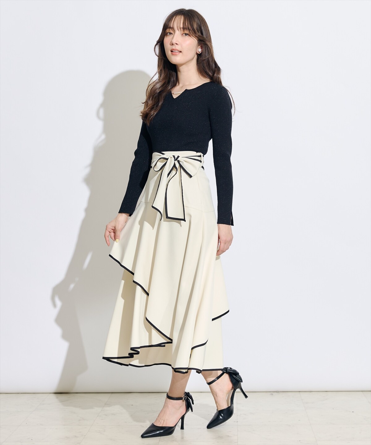 リボンベルトアシメフレアパイピングスカート