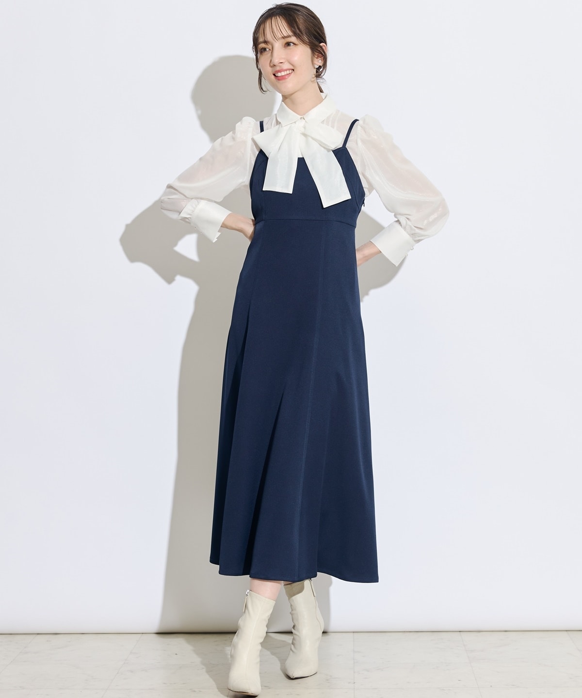 2WAYボウタイブライトシアーシャツレイヤードキャミワンピース