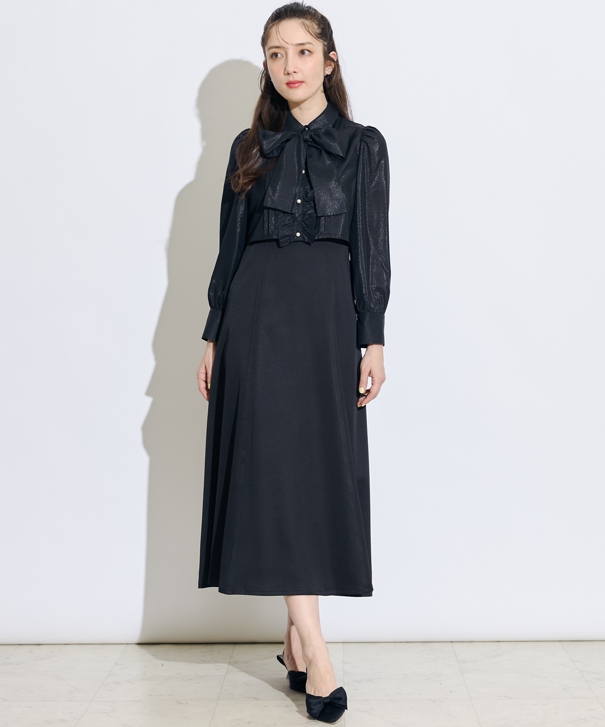 2WAYボウタイブライトシアーシャツレイヤードキャミワンピース