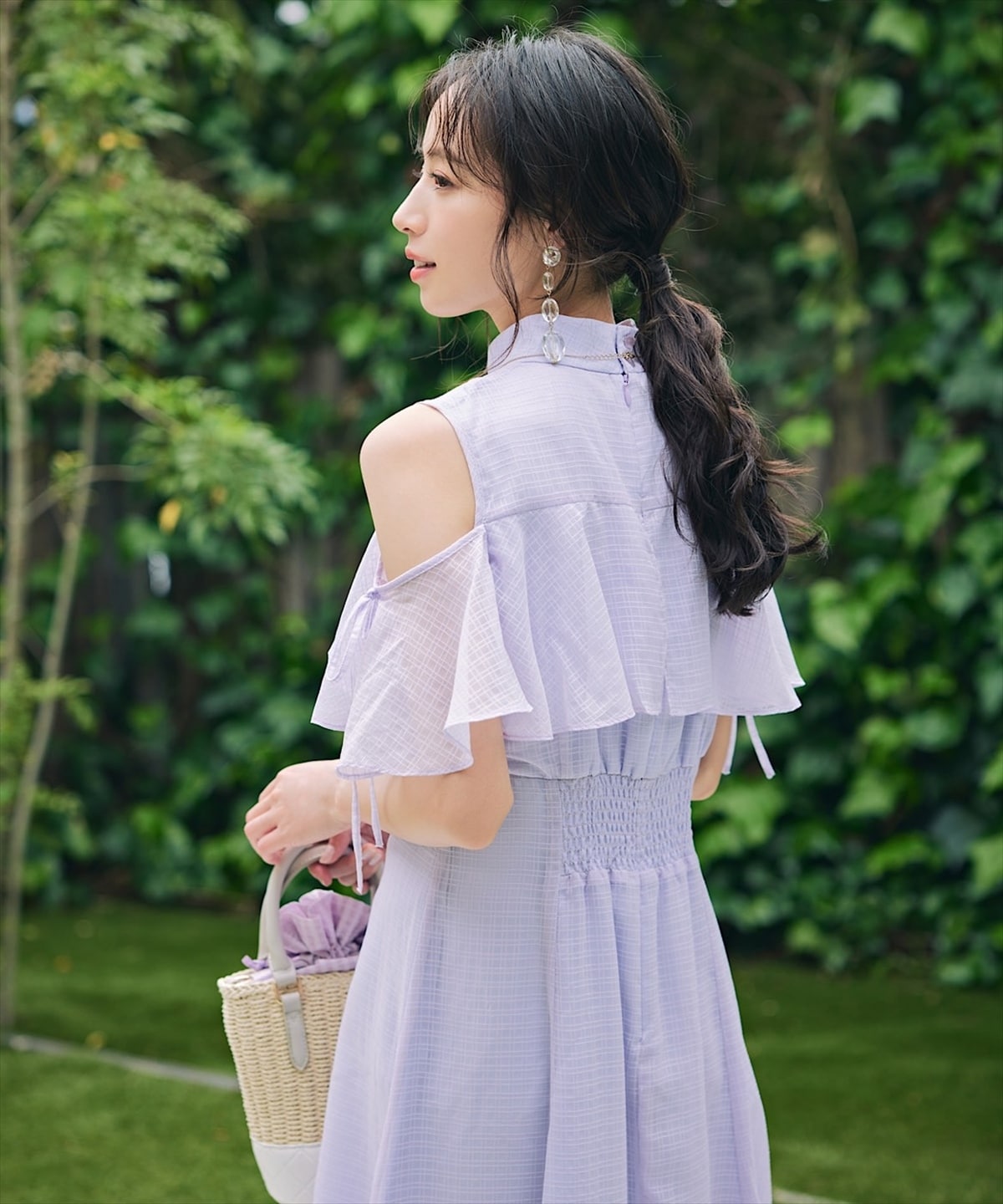 シアーチェックケープオフショルワンピース