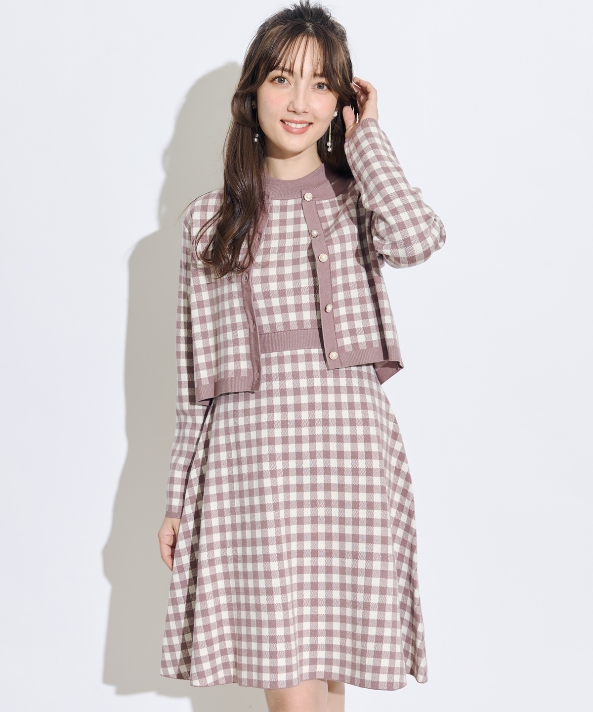 配色ギンガムチェックニットカーディガン