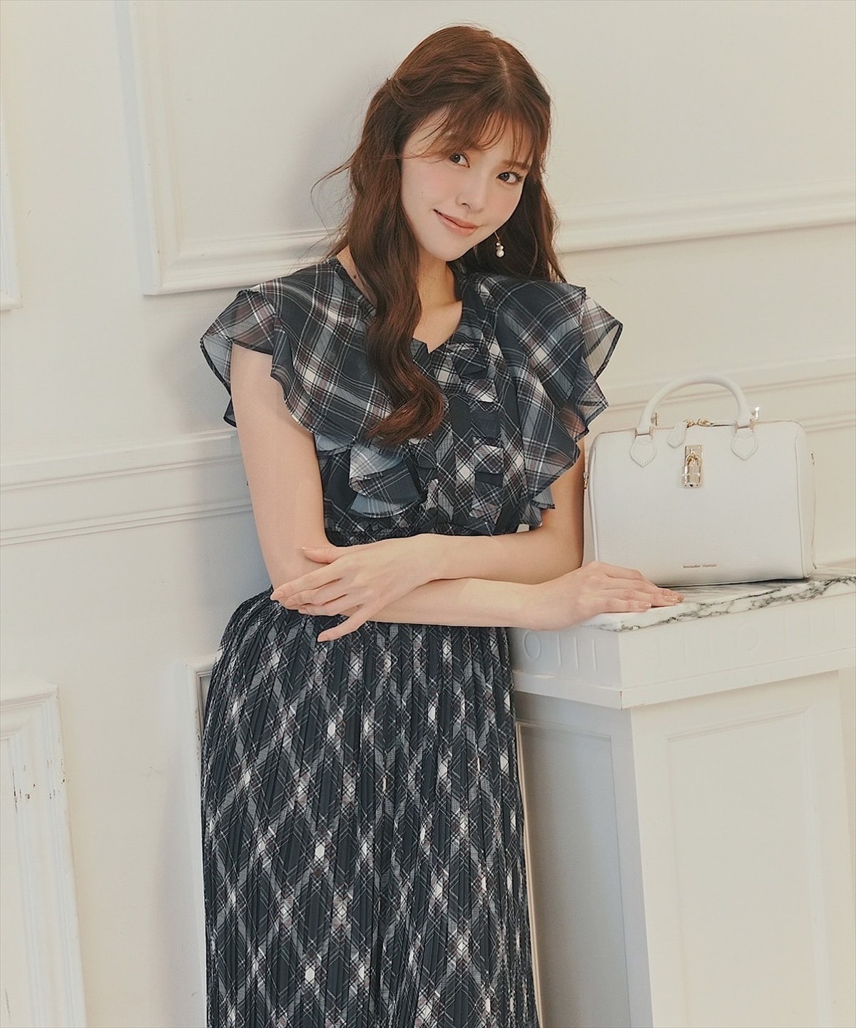チェックプリーツシフォンワンピース