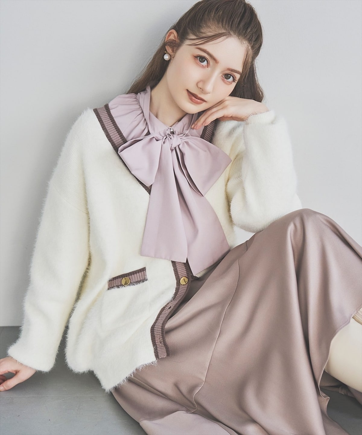 配色シャギーニットカーディガン