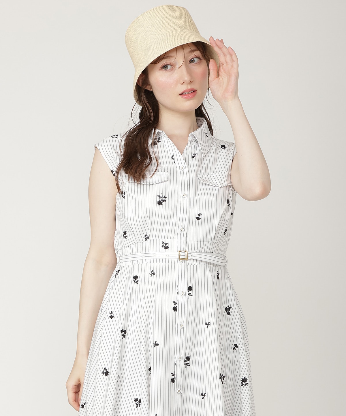 【7/3発売】ストライプ×フラワー刺繍シャツワンピース