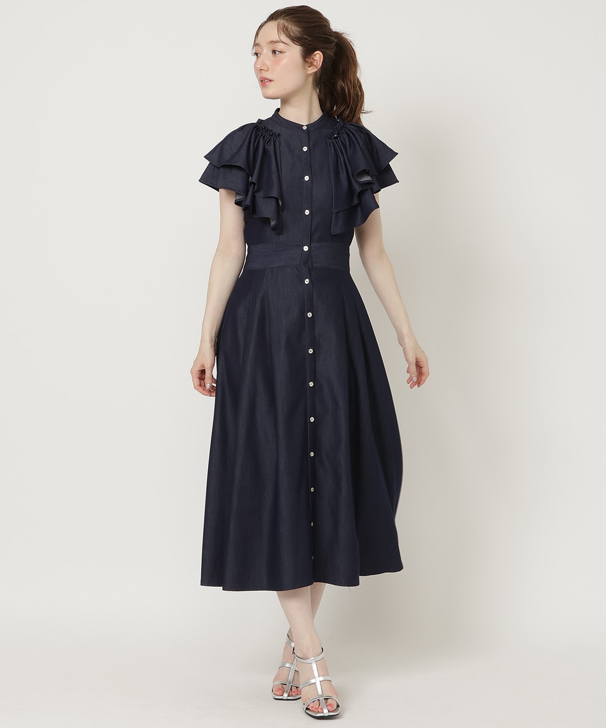 【4/24(Fri)発売】袖フリルデニムフレアワンピース