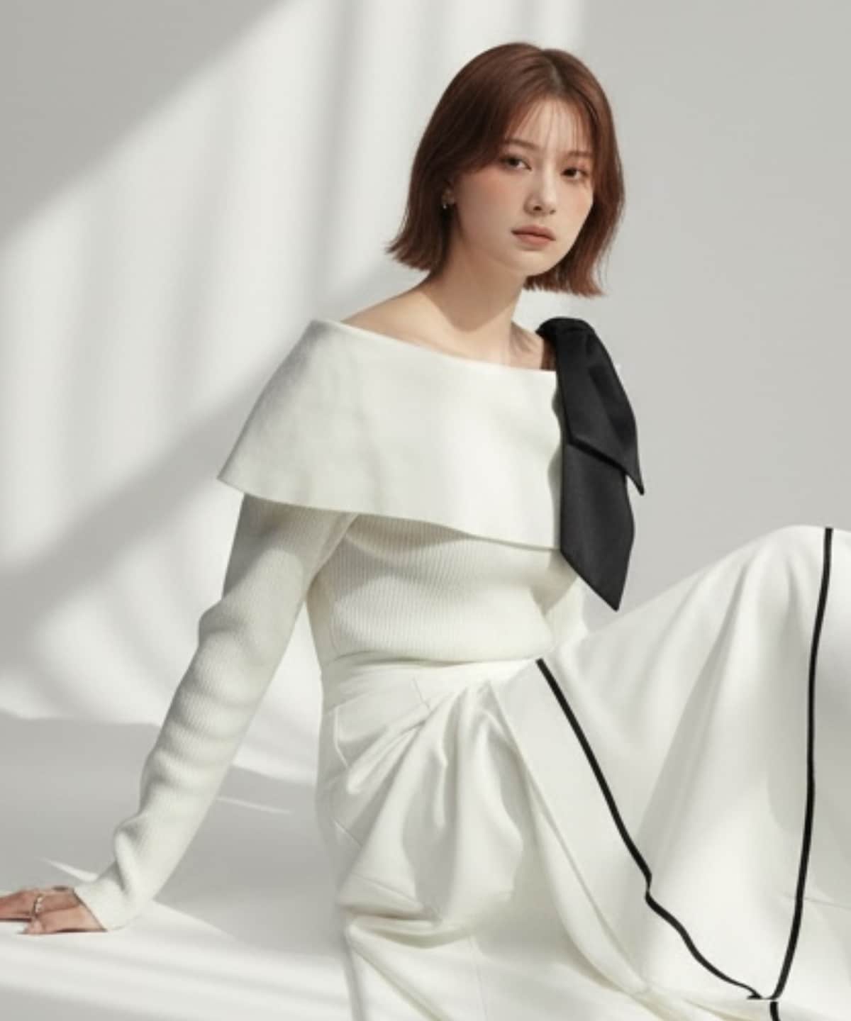 【2/6(Fri)発売】サテンリボン付オフショルニットプルオーバー