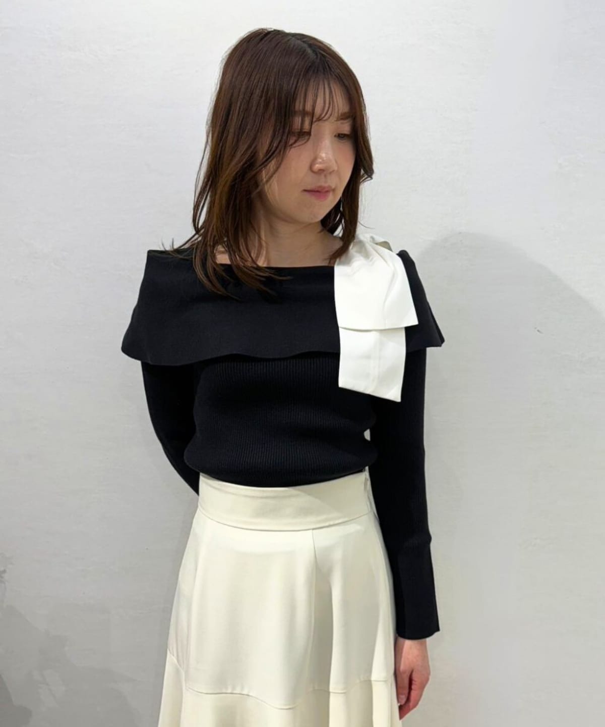 【2/6(Fri)発売】サテンリボン付オフショルニットプルオーバー