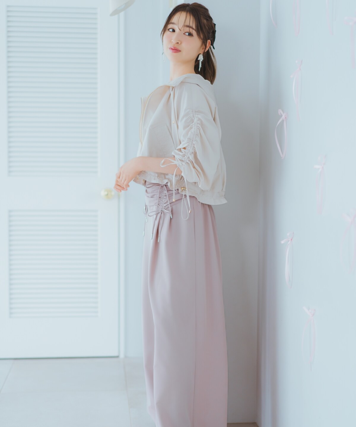 ドロスト風リボンワイドパンツ