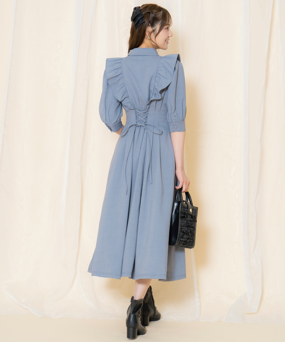 タックウエストフリルシャツワンピース