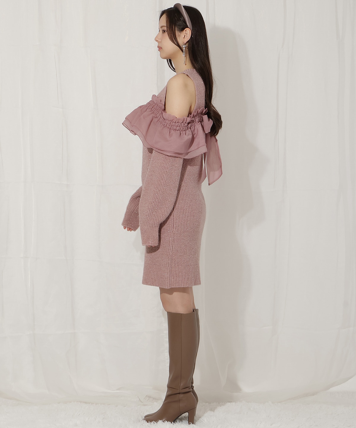 バックリボンオフショルニットワンピース