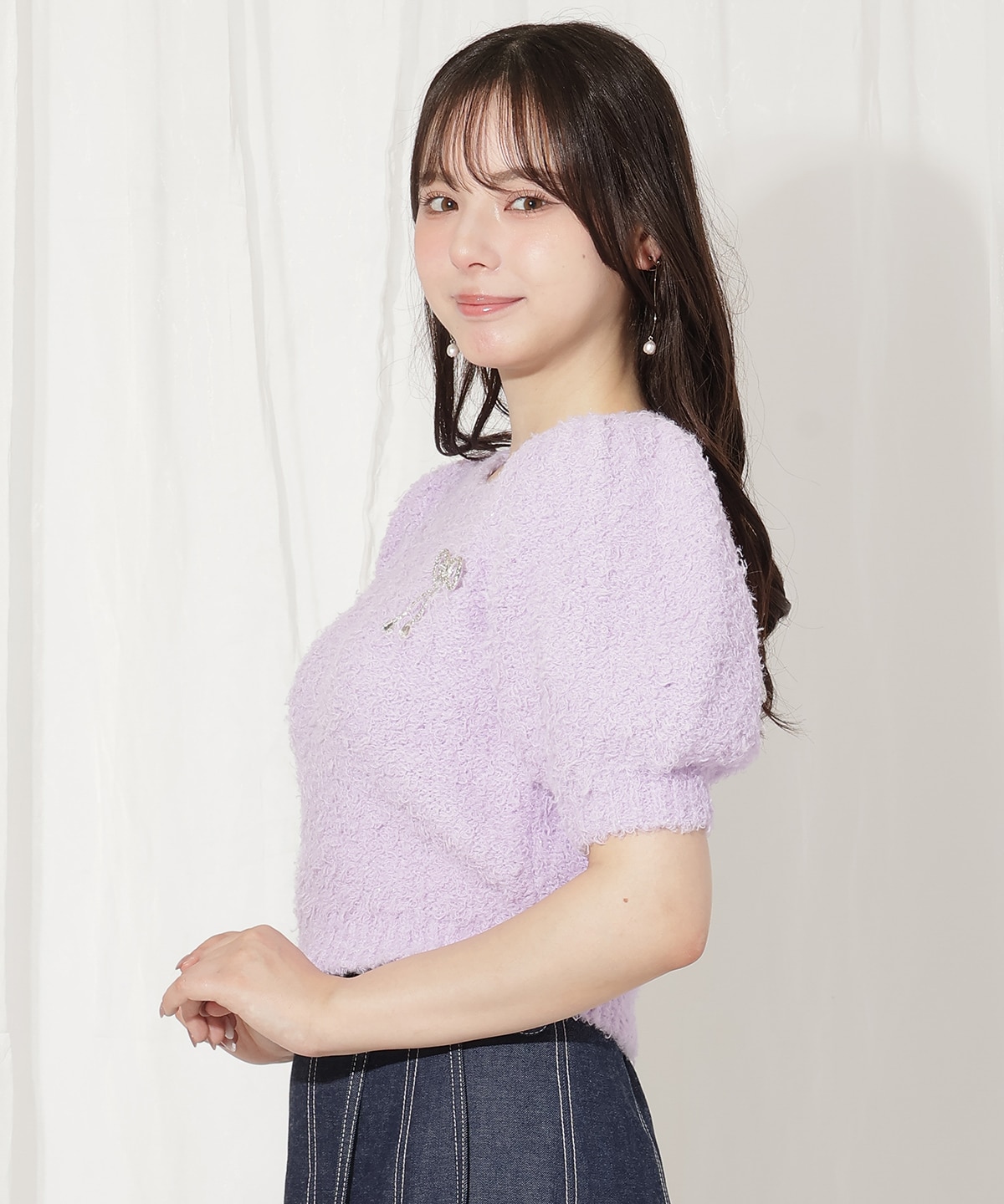 リボンブローチ付きテディヤーンニット