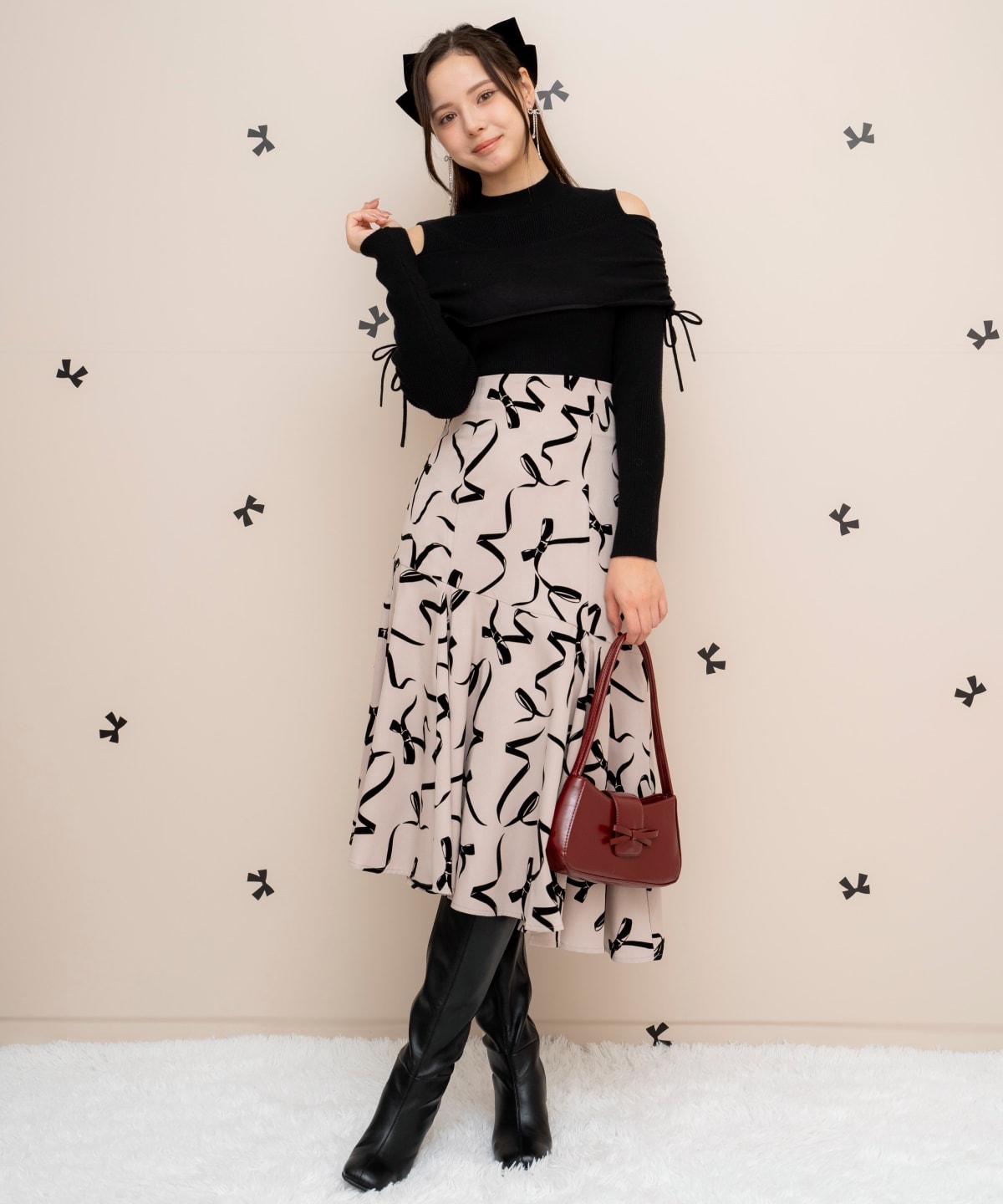 ギャザーリボンオフショルニット