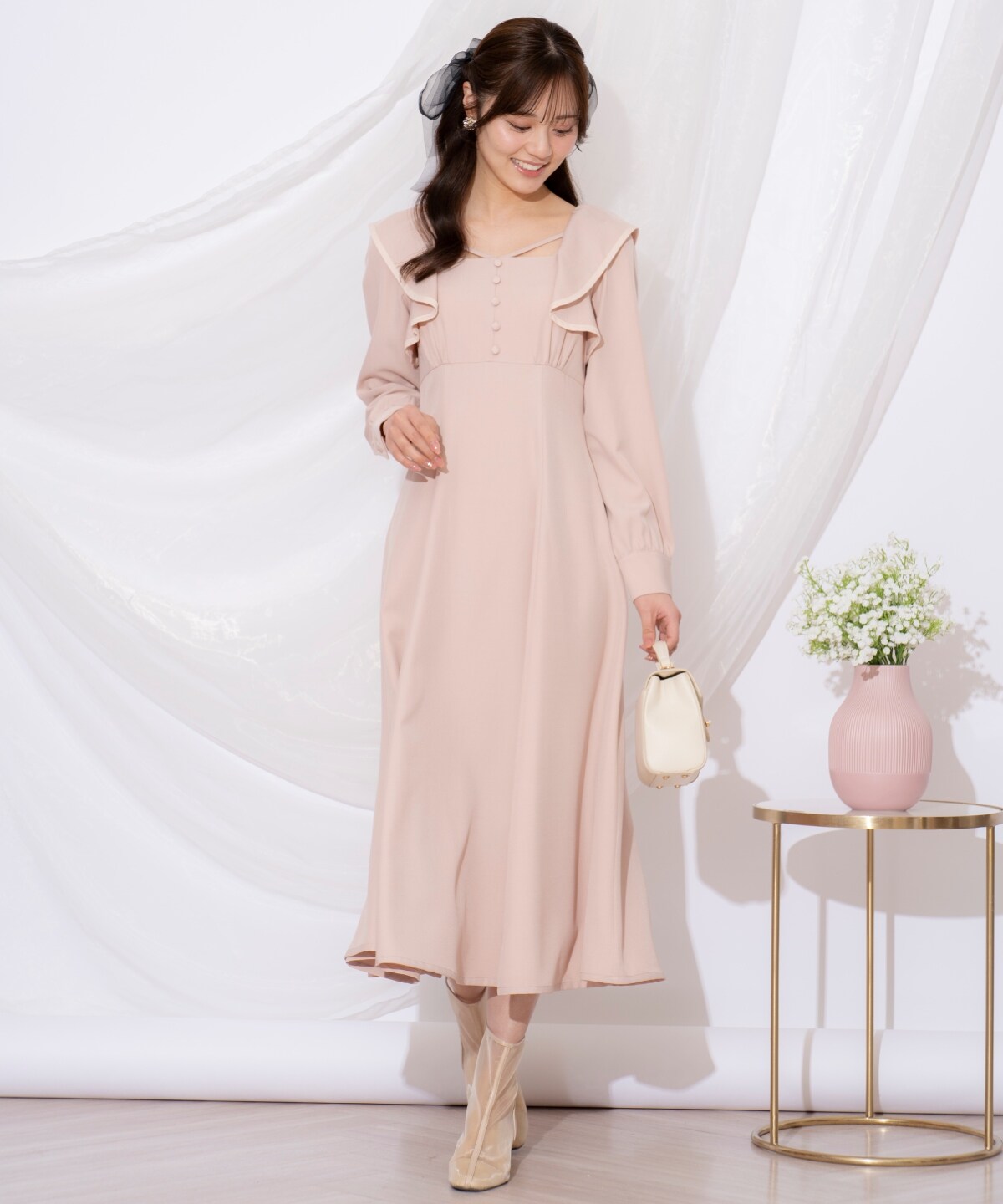 配色パイピングフリルワンピース