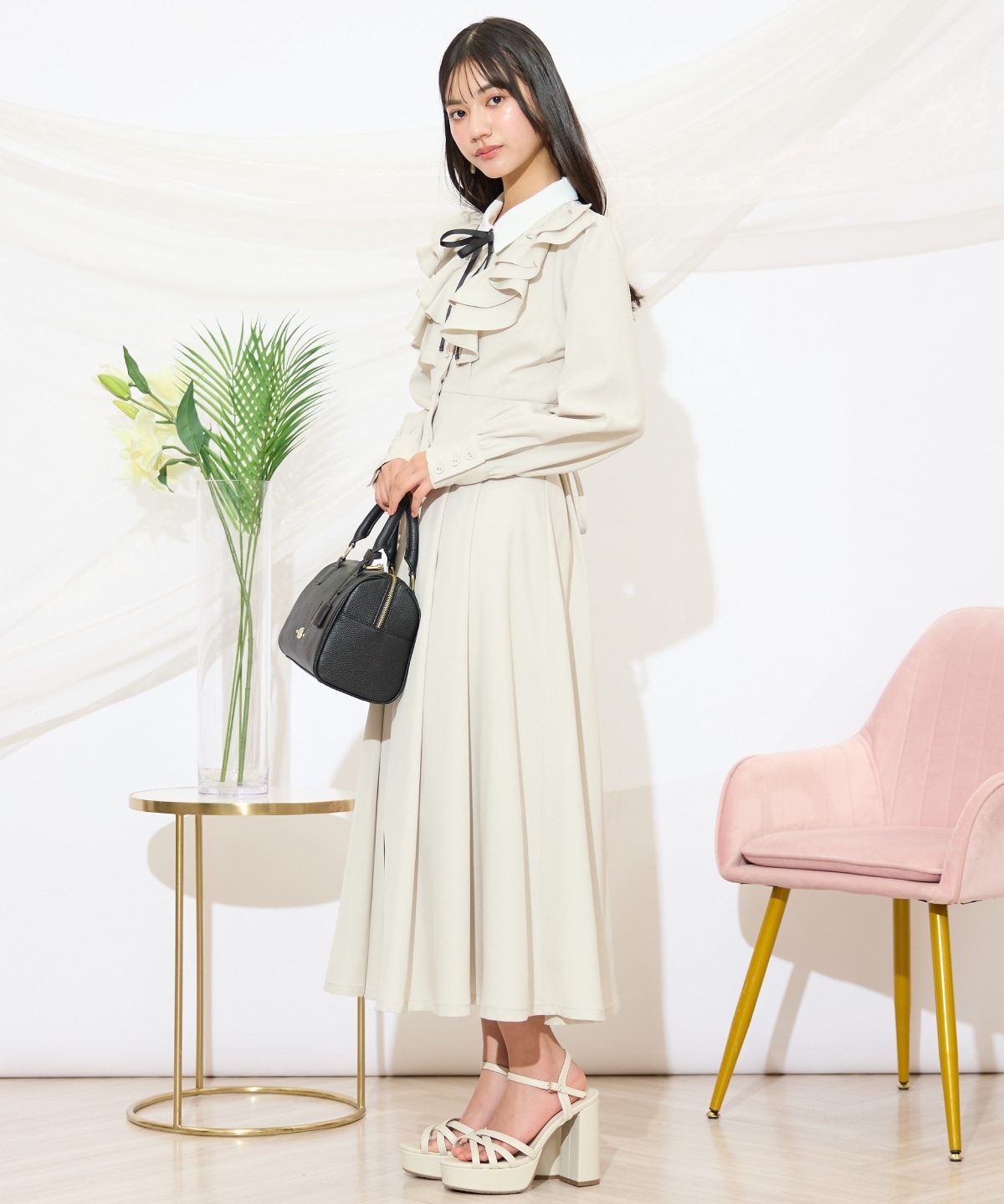 配色襟ダブルフリルシャツワンピース