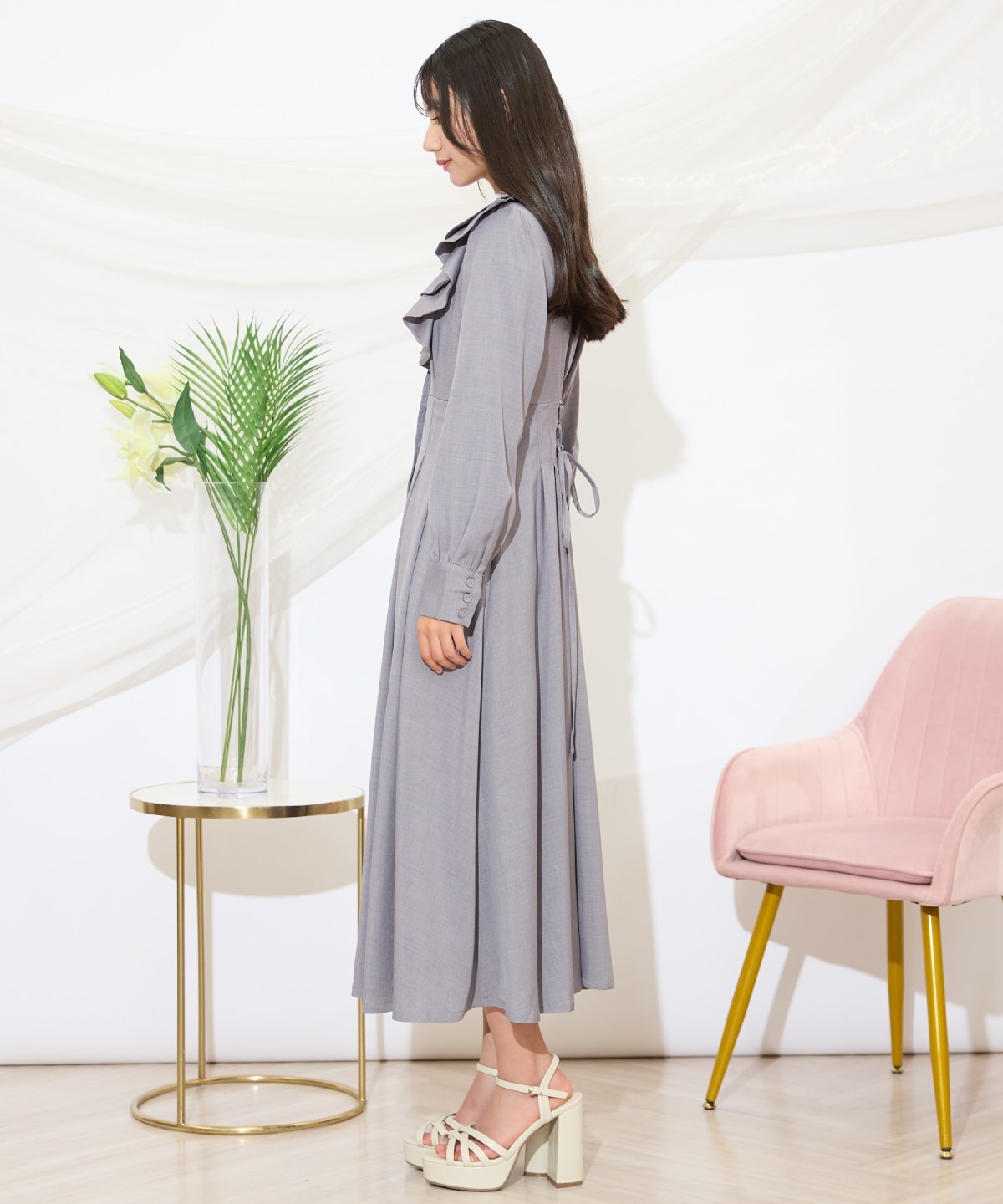 配色襟ダブルフリルシャツワンピース