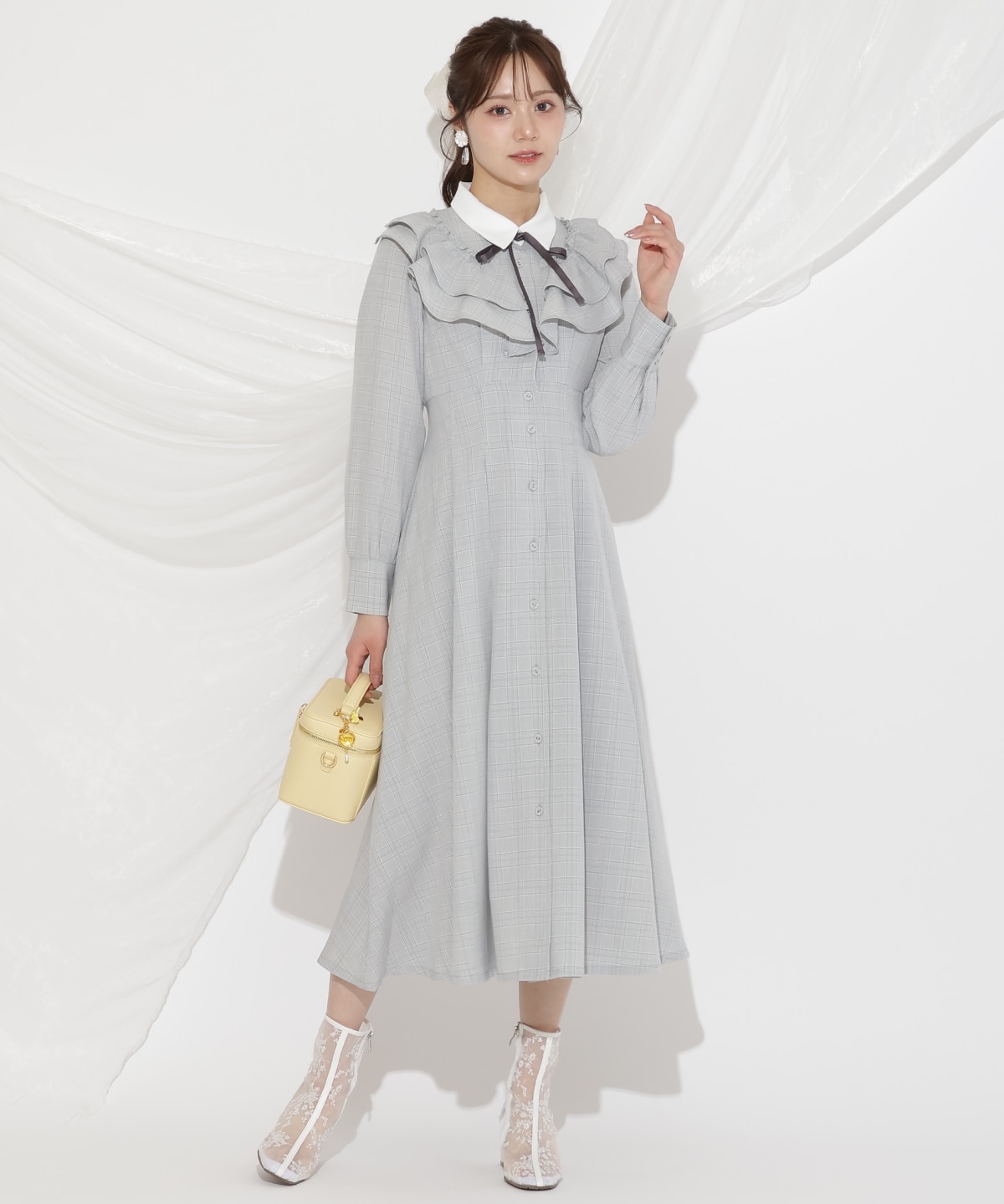 配色襟ダブルフリルシャツワンピース