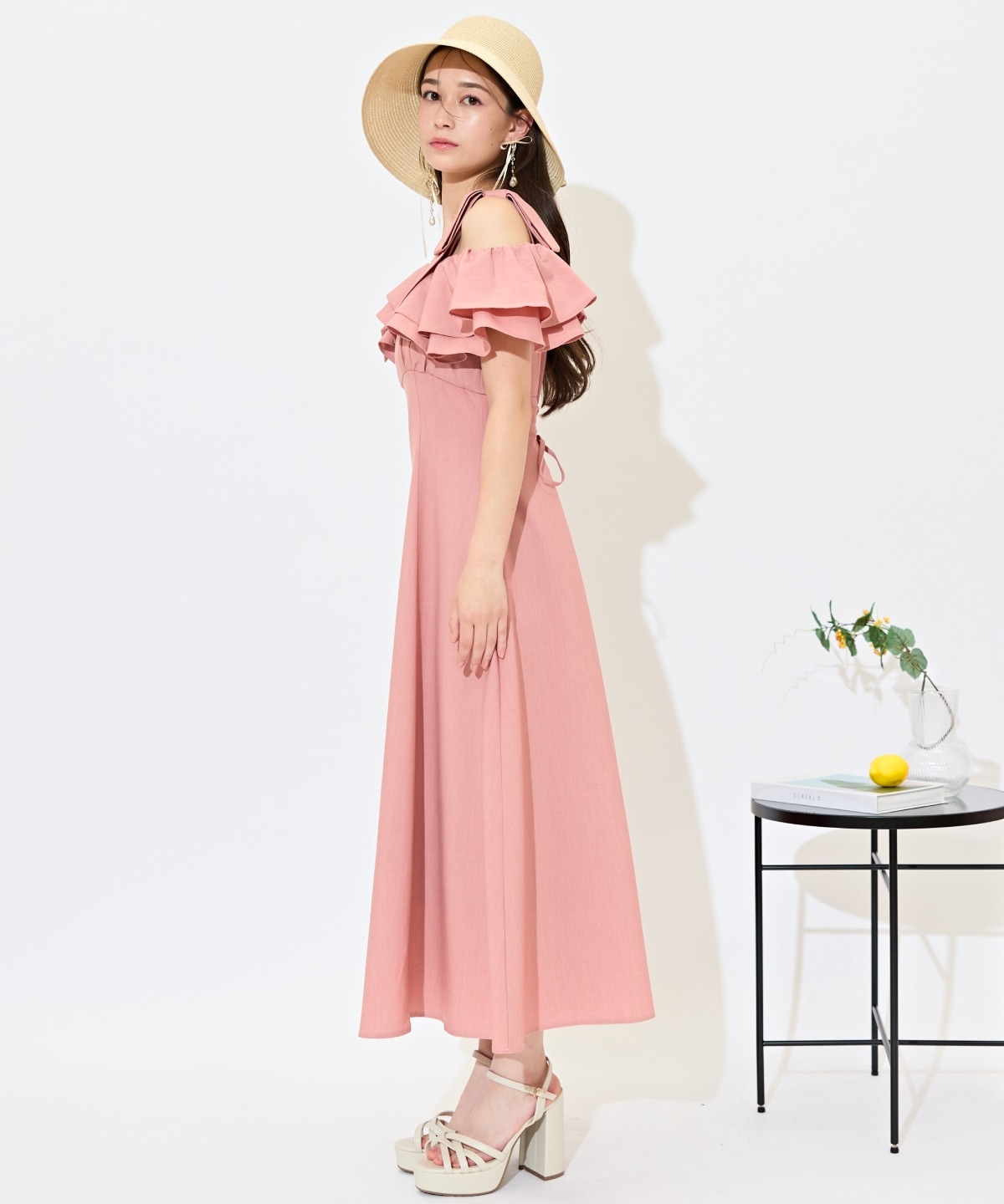 ショルダーリボンラッフルワンピース