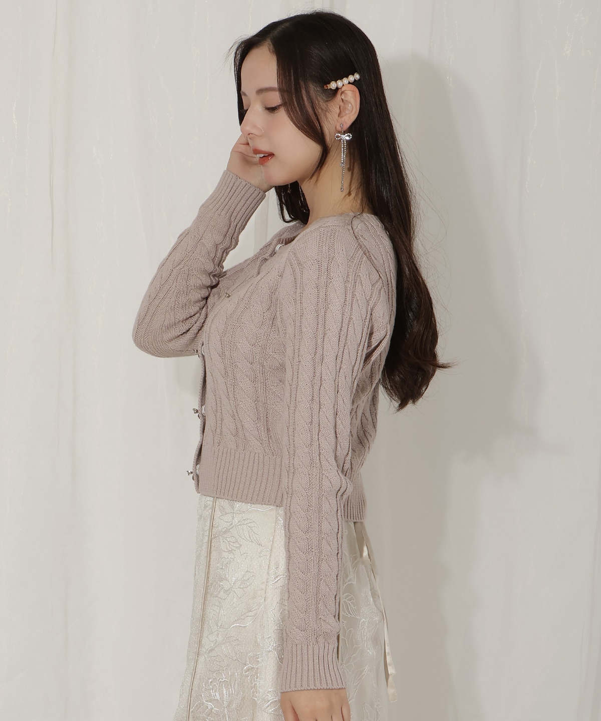 ビジューリボンケーブルカーディガン